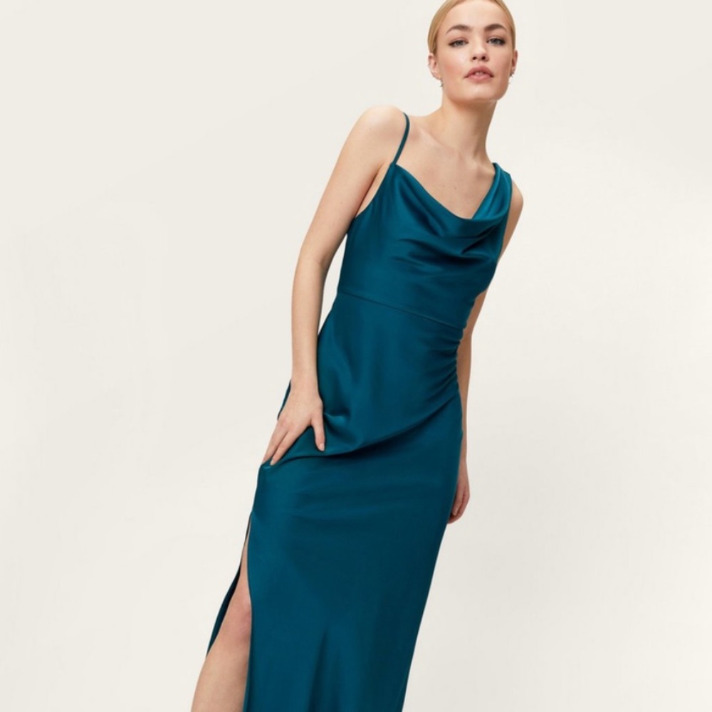 Draped Shoulder Cowl Neck Satin Maxi Dress